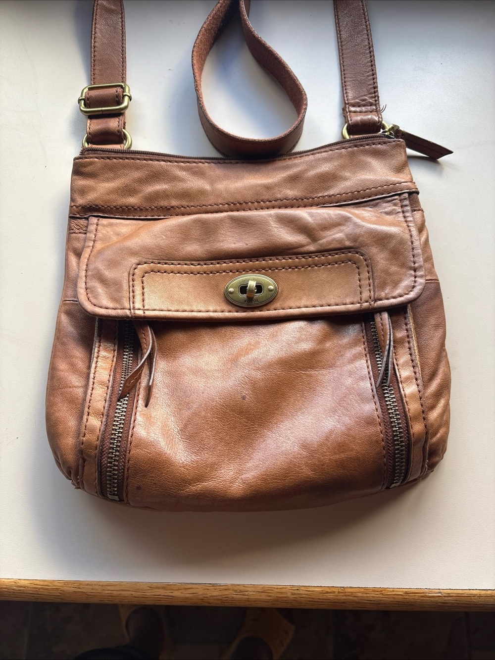 Vintage Fossil Stanton Top Zip Crossbody Leather Satchel
